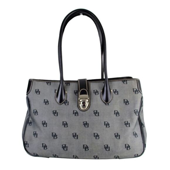 DOONEY & BOURKE GRAY DB CANVAS BLACK REAL LEATHER TRIM SHOULDER BAG TOTE HANDBAG - Picture 1 of 16
